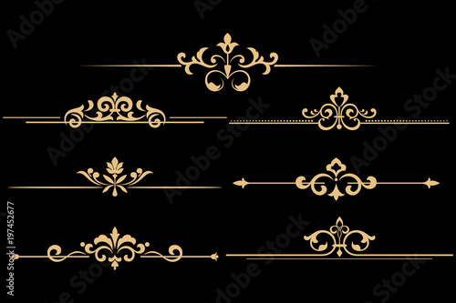 Vintage set of decorative elements. Golden separators on a black