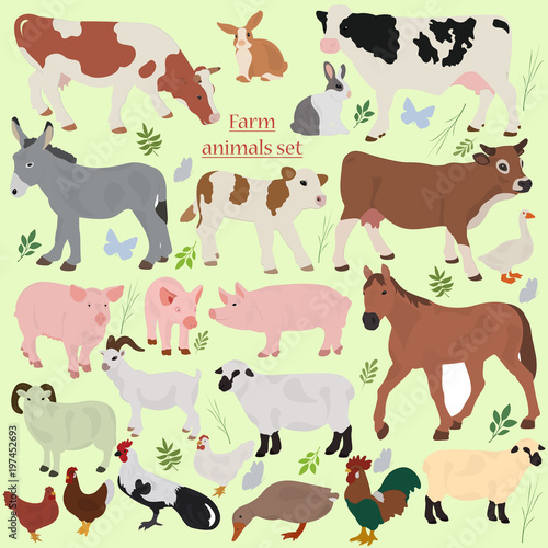A set of farm animals with plants