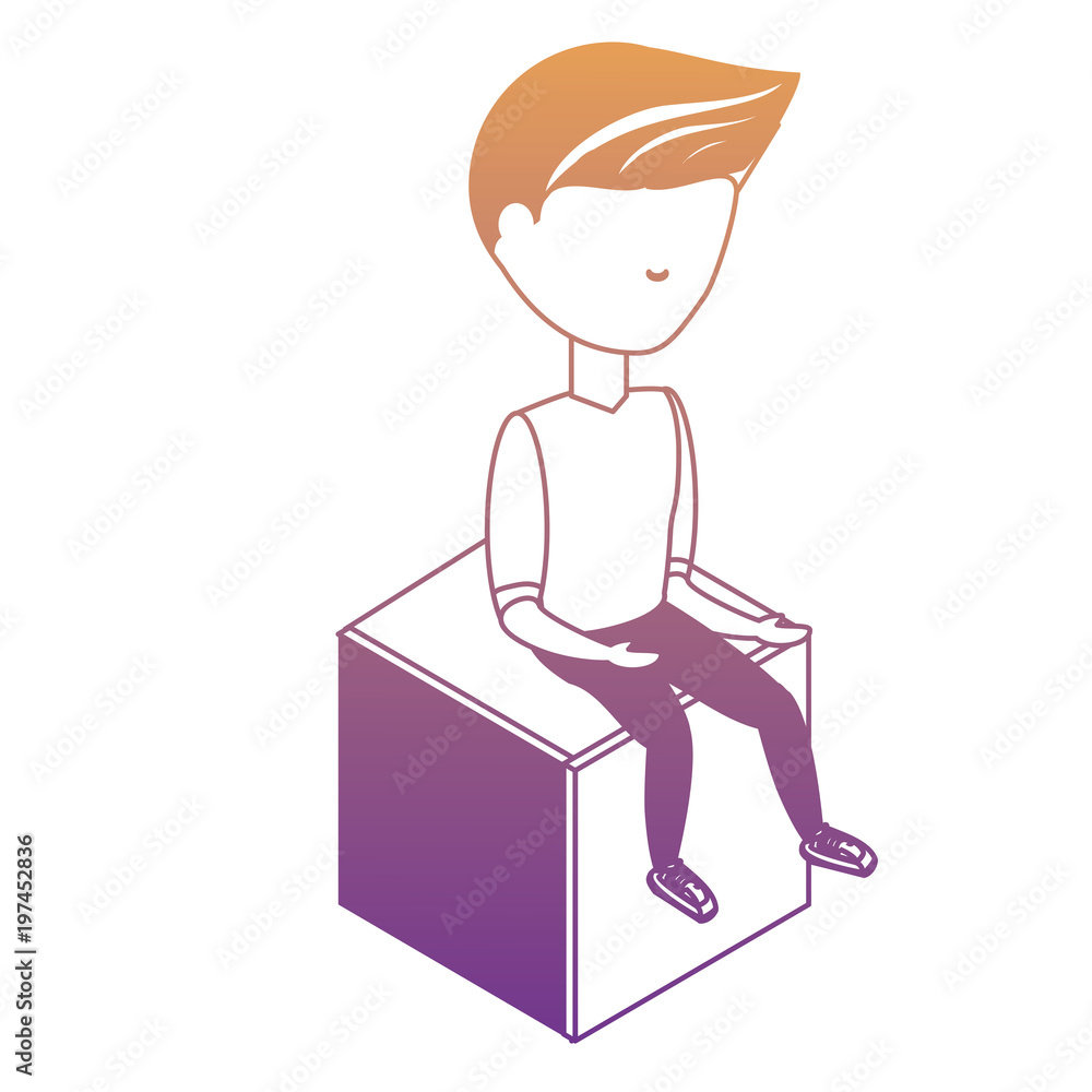 avatar young man sitting on a cube seat over white background, colorful design. vector illustration