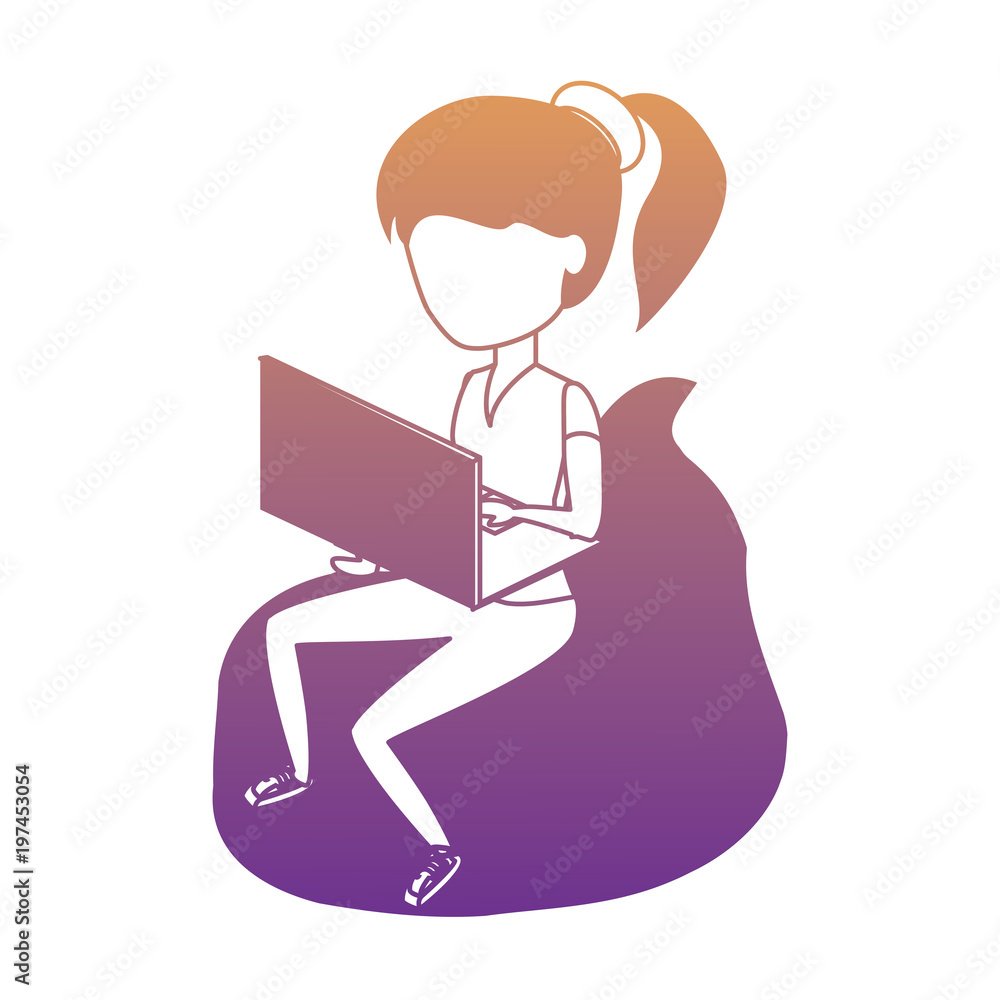 avatar woman sitting on a bean bag and using a laptop computer over white background, colorful design. vector illustration