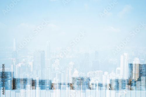 Double exposure of coin stack with city background and world map, financial graph, business concept.