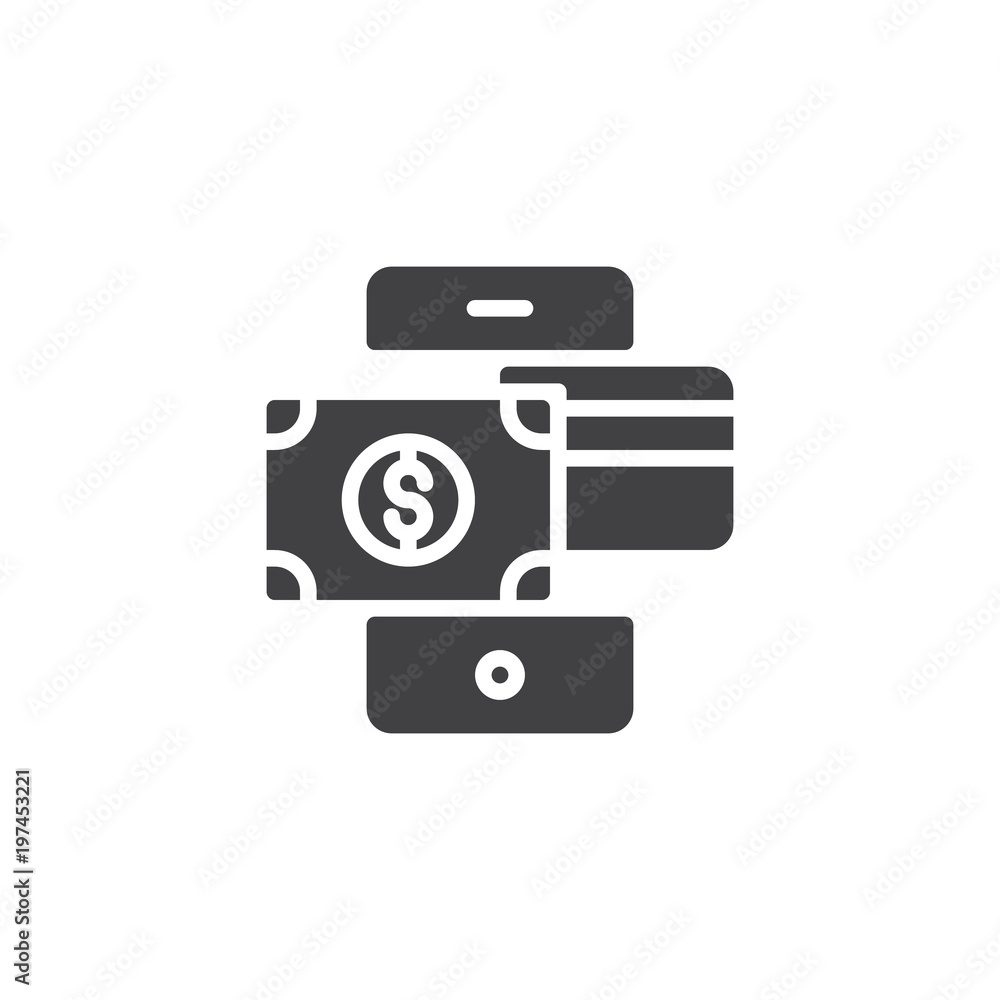 Mobile phone with dollar money and credit card vector icon. filled flat sign for mobile concept and web design. Mobile payment transaction simple solid icon. Symbol, logo illustration Mobile phone with dollar money and credit card vector icon. filled flat sign for mobile concept and web design. Mobile payment transaction simple solid icon. Symbol, logo illustration