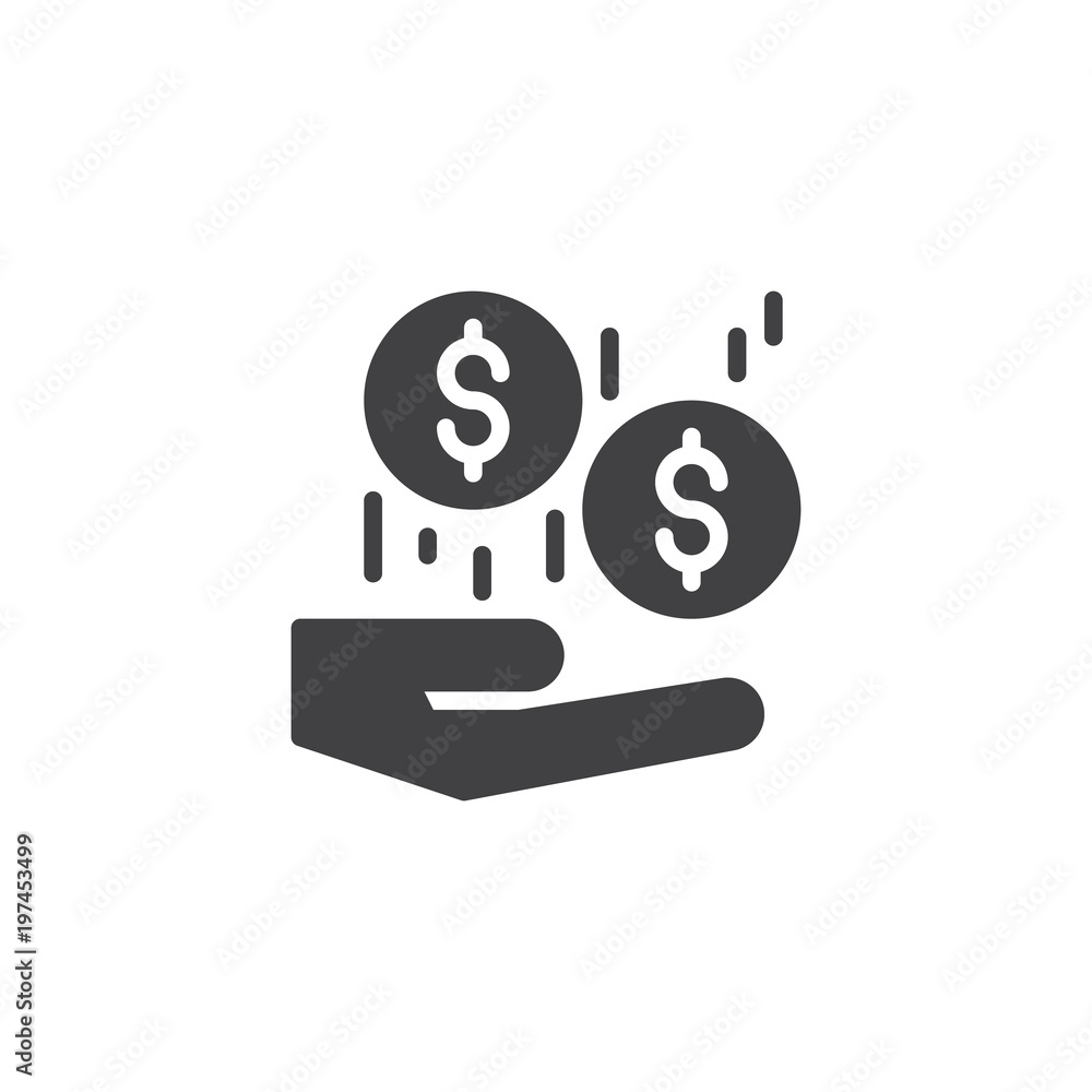 Hand with falling coins from above outline icon vector icon. filled flat sign for mobile concept and web design. Donations simple solid icon. Symbol, logo illustration. Pixel perfect vector graphics