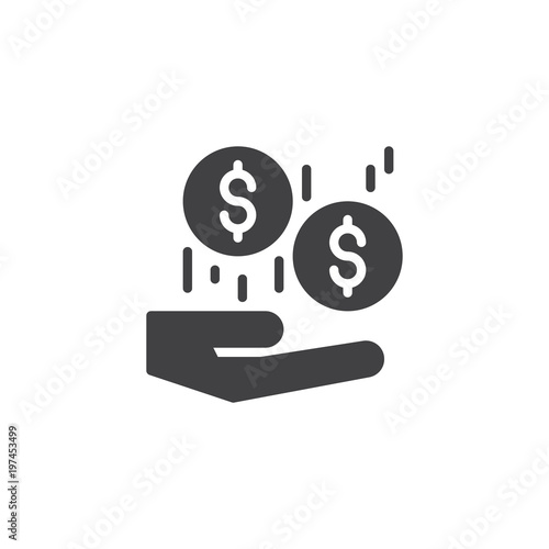 Hand with falling coins from above outline icon vector icon. filled flat sign for mobile concept and web design. Donations simple solid icon. Symbol, logo illustration. Pixel perfect vector graphics