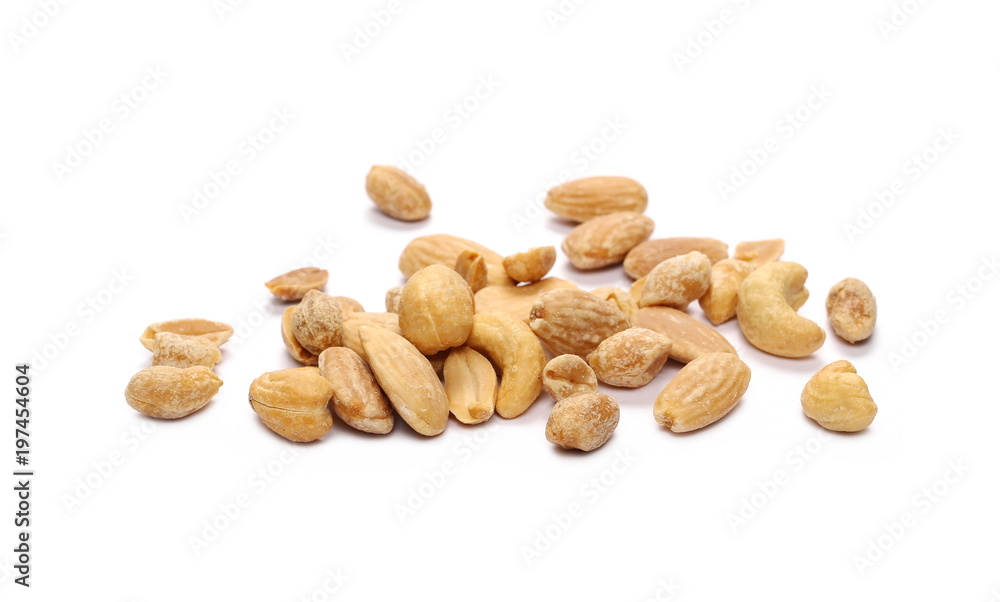 Mix of roasted, salted peanuts, cashew nuts and almonds isolated on white background Mix of roasted, salted peanuts, cashew nuts and almonds isolated on white background