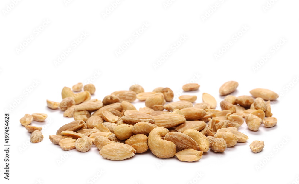 Mix of roasted, salted peanuts, cashew nuts and almonds isolated on white background Mix of roasted, salted peanuts, cashew nuts and almonds isolated on white background