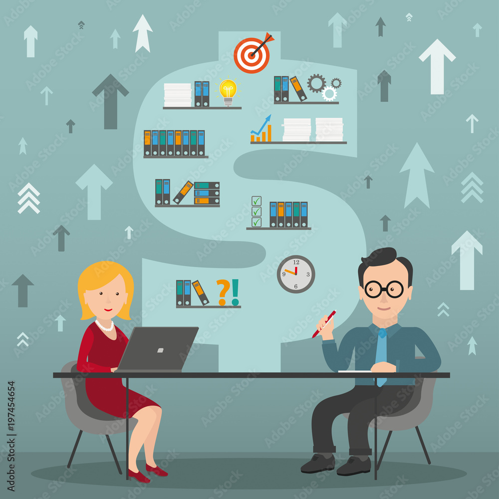 Cartoon Man Woman Consulting Office Dollar Work Cartoon Man Woman Consulting Office Dollar Work
