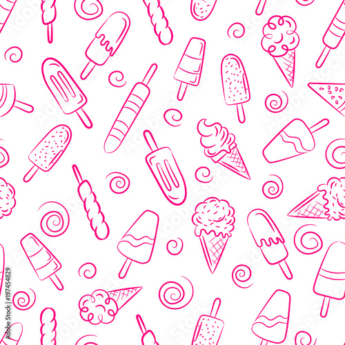 Ice cream seamless pattern on white background. Ice cream doodle illustration background . Assorted Ice Cream for print, add, card and textile 