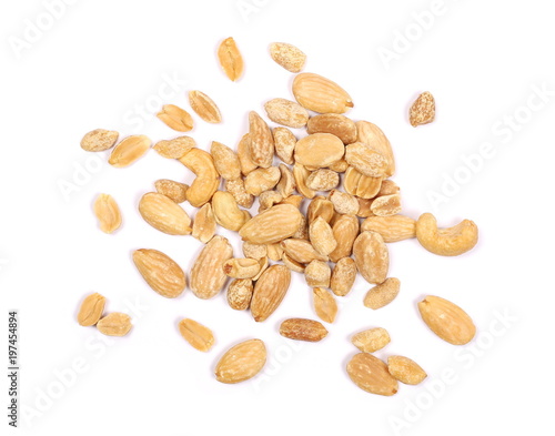 Mix of roasted, salted peanuts, cashew nuts and almonds isolated on white background, top view