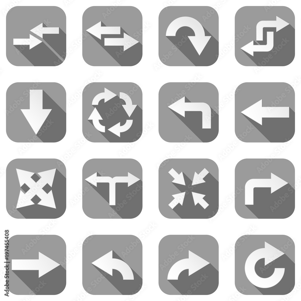Arrow icons. Set of gray square icons with white signs Arrow icons. Set of gray square icons with white signs