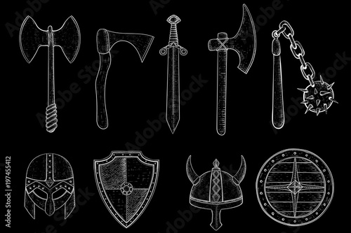 Old viking weapons - ax, sword, flail, shields, helmets. Hand drawn sketch on black background