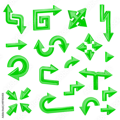 Green 3d arrows. Set of different shiny web signs