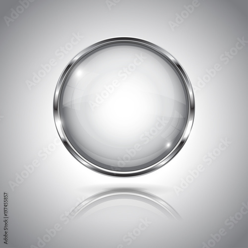 White round button with chrome frame. With reflection