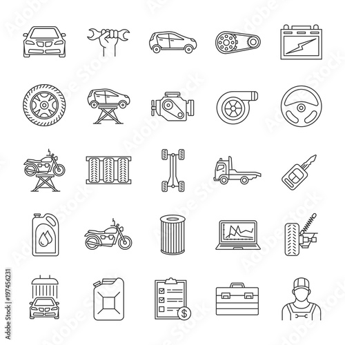Auto workshop linear icons set