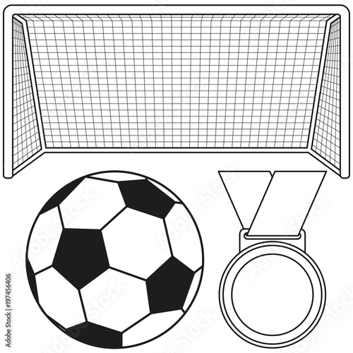 Black and white soccer ball, gate, medal icon set.