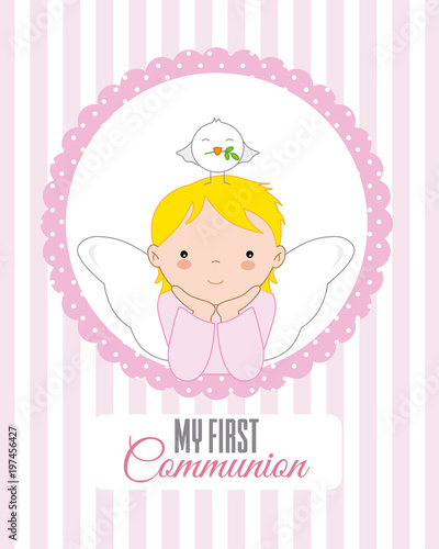 angel with dove on top of his head. Christening or communion card
