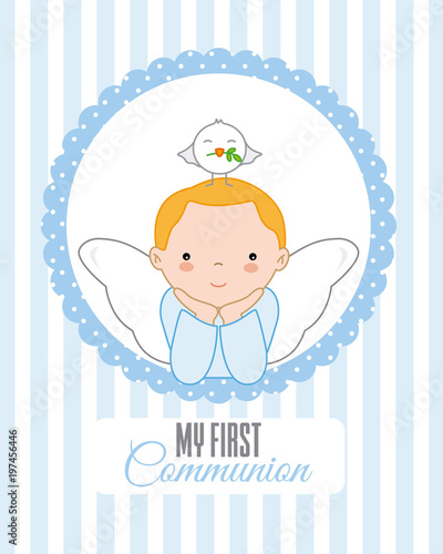 angel with dove on top of his head. Christening or communion card