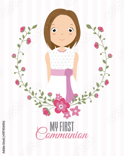 my first communion girl. beautiful girl with communion dress and flower frame