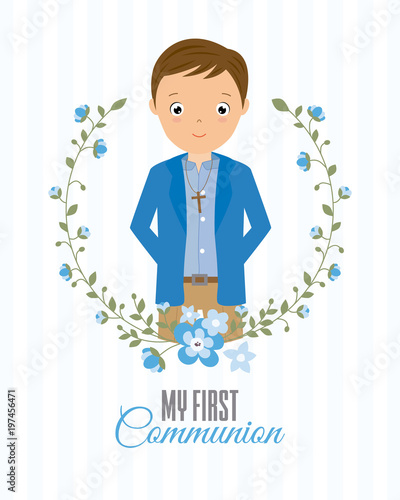 my first communion boy. boy with communion dress and flower frame