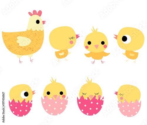Cute vector yellow chicks and a hen in flat style for Easter designs