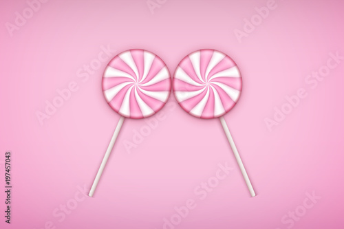 Two Pink Lolipops candy on pastel pink background. oncept of same sex love. Vector Illustration.