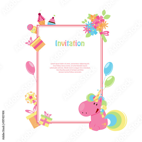 Vector illustrations with flat unicorn. Rectangular frame with simple flowers, balloons, gifts, flowers and cakes. Modern invitation for birthday or sales.
