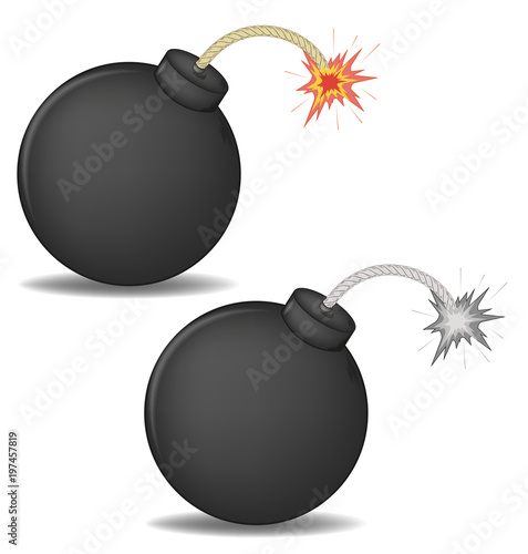 vector illustration of a 3D round bomb with burning wick. color and black-and-white versions