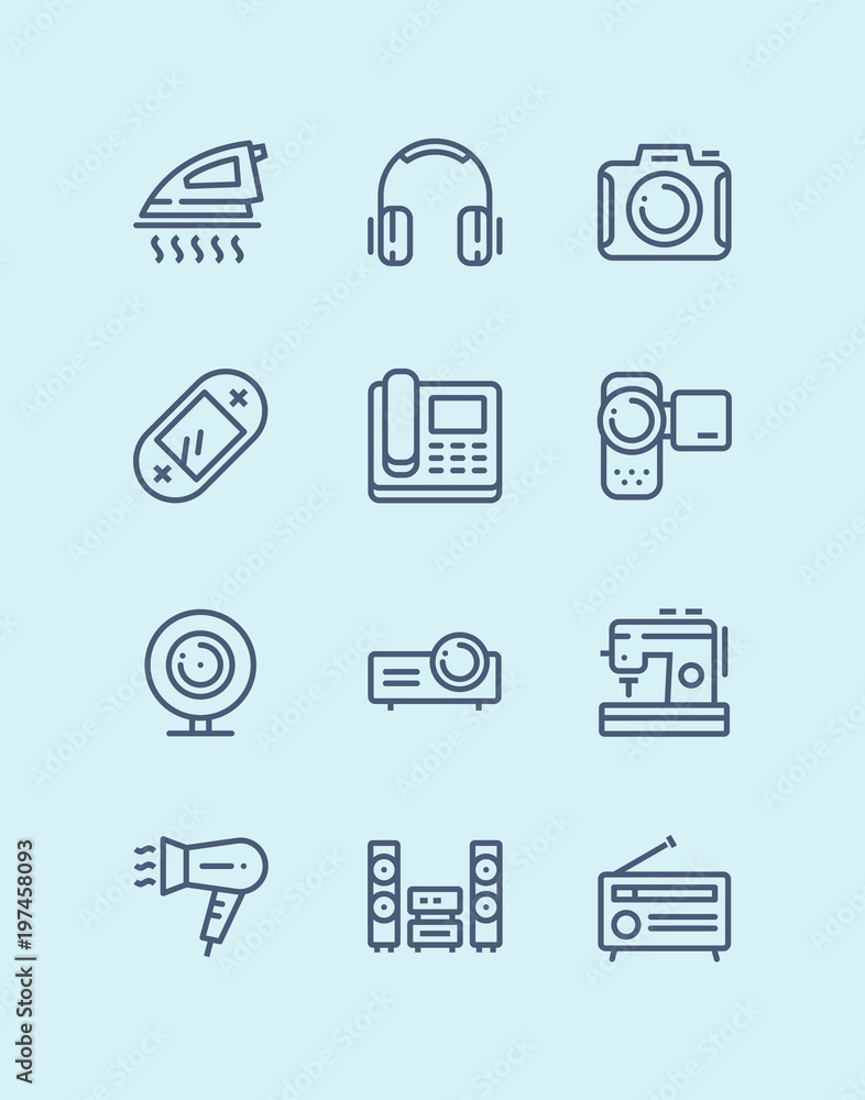 Outline Household electronic appliances, technics, gadget device icons for web and mobile design pack 3 Outline Household electronic appliances, technics, gadget device icons for web and mobile design pack 3