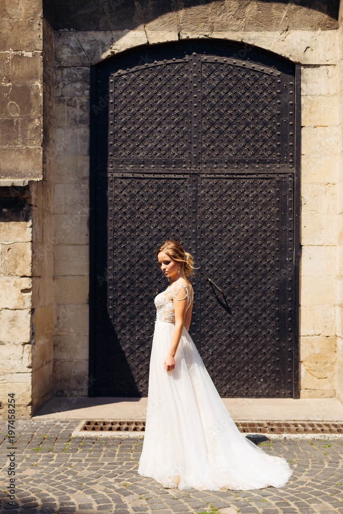 conceived bride stands on the background of big black doors on a beautiful sunny day conceived bride stands on the background of big black doors on a beautiful sunny day