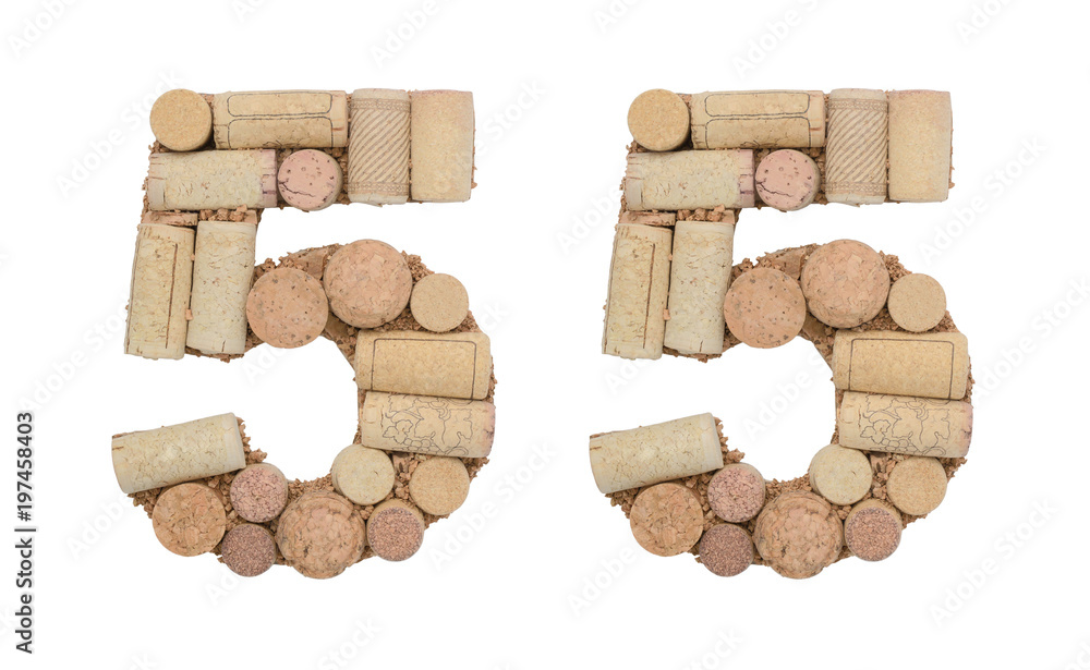 Number 55 fifty five made of wine corks Isolated on white background