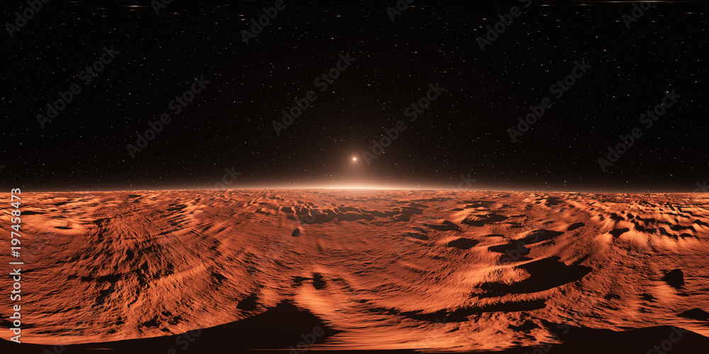 Naklejka premium 360 Panorama of Mars-like Exoplanet sunset, environment map. Equirectangular projection, spherical panorama. 3d illustration