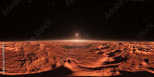 Fototapeta Naklejka Na Ścianę i Meble -  360 Panorama of Mars-like Exoplanet sunset, environment map. Equirectangular projection, spherical panorama. 3d illustration