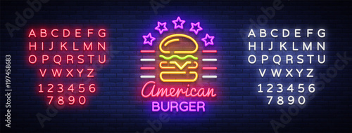Burger logo vector. American burger, design template light emblem, burger street food neon sign, light banner, neon night fast food advertisement, design element sandwich. Editing text neon sign