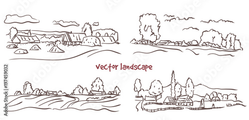 handwritten sketch set of rural landscape