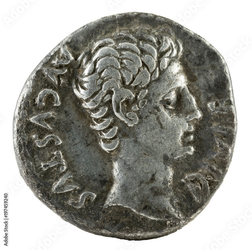 Tableau sur toile Ancient Roman silver denarius coin of Emperor Augustus. Obverse.