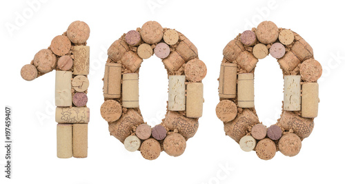 Number 100 hundred made of wine corks Isolated on white background