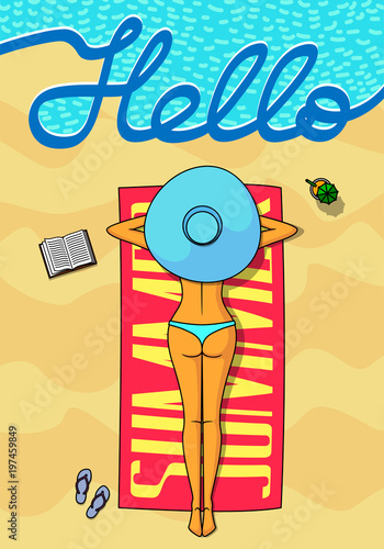 girl in swimsuit is on beach. writing Hello, Summer. Poster