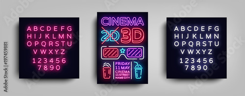 Cinema 3d poster design template neon style. Neon Sign, Light Banner, Bright Flyer, Design Postcard, Promotional Brochure, Neon Night Cinema Advertising. Vector Illustrations. Editing text neon sign
