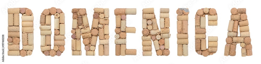 Word Sunday in Italian Domenica made of wine corks Isolated on white background