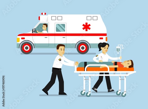 Medicine ambulance concept in flat style isolated on blue background. Young doctor paramedic man and woman, ambulance car and patient on stretcher.