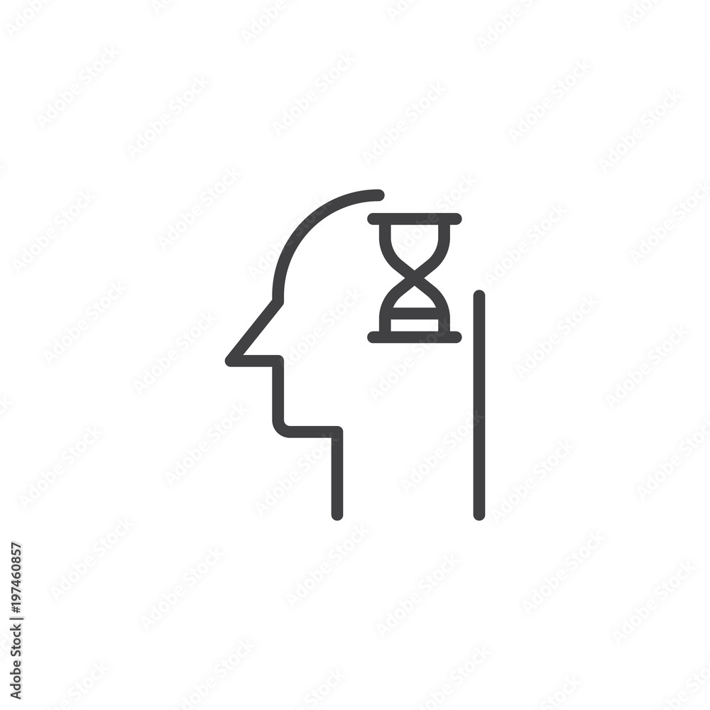 Human head with sand glass outline icon. linear style sign for mobile concept and web design. Deadline person simple line vector icon. Symbol, logo illustration. Pixel perfect vector graphics Human head with sand glass outline icon. linear style sign for mobile concept and web design. Deadline person simple line vector icon. Symbol, logo illustration. Pixel perfect vector graphics