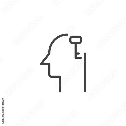 Fototapeta Naklejka Na Ścianę i Meble -  Key in human head outline icon. linear style sign for mobile concept and web design. simple line vector icon. Symbol, logo illustration. Pixel perfect vector graphics