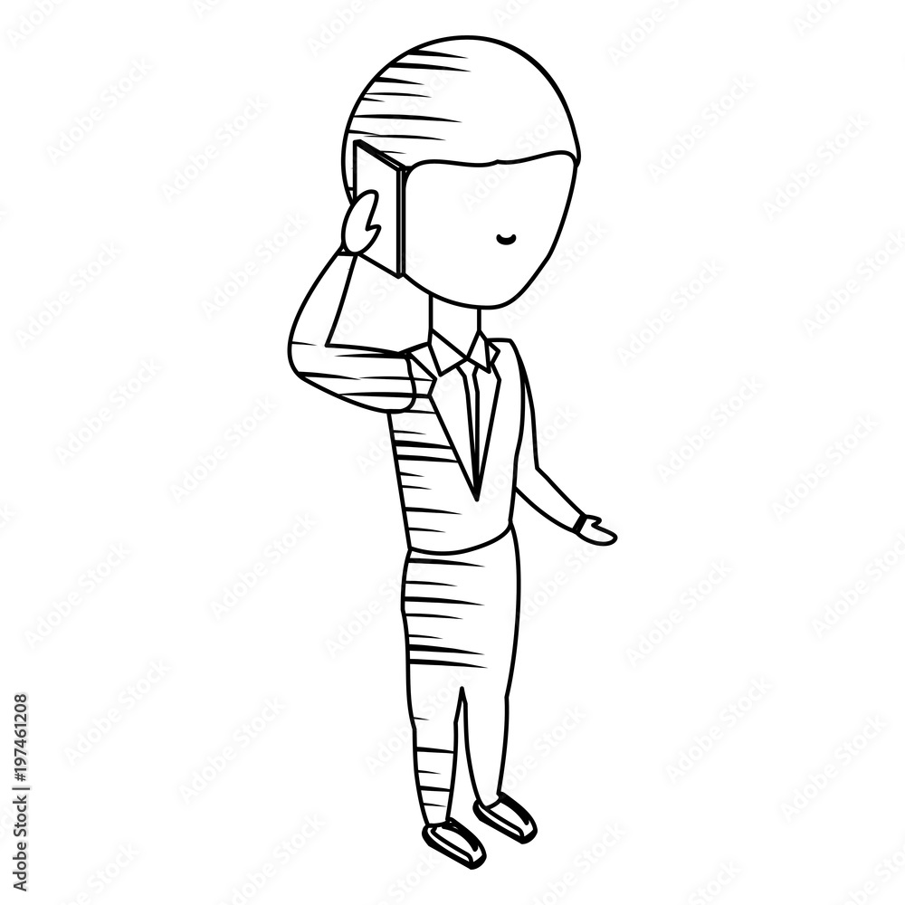 sketch of avatar businessman standing and talking on cellphone over white background, vector illustration