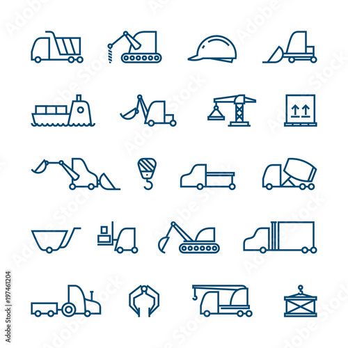 Outline Industrial Vector Icon Set with Construction Machinery and Trucks