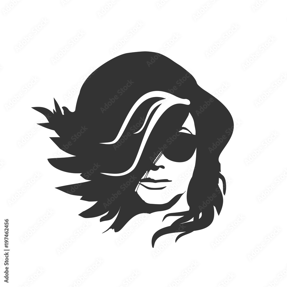 Portrait of beautiful woman in black sunglasses. Curly hair. Front view Portrait of beautiful woman in black sunglasses. Curly hair. Front view
