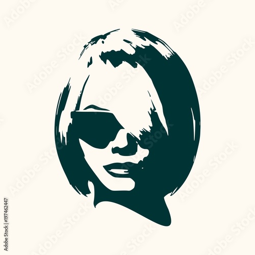 Portrait of beautiful woman in black sunglasses. Short hair. Front view