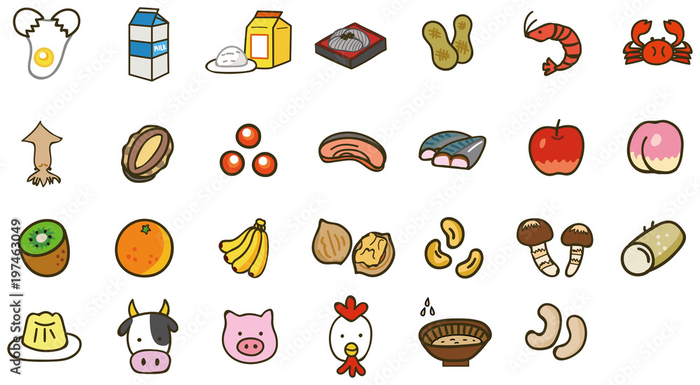 食物アレルギー特定原材料等27品目のイラスト素材 特定原材料7品目 表示推奨品目 Stock Vector Adobe Stock