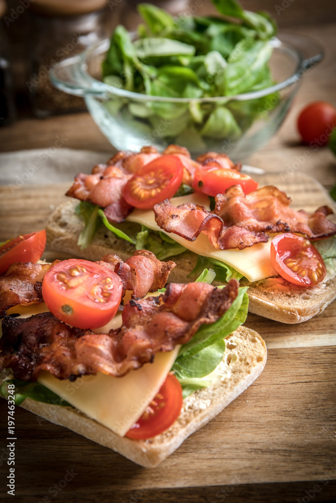 Ciabatta sandwich with arugula salad, bacon and yellow cheese. Ciabatta sandwich with arugula salad, bacon and yellow cheese.