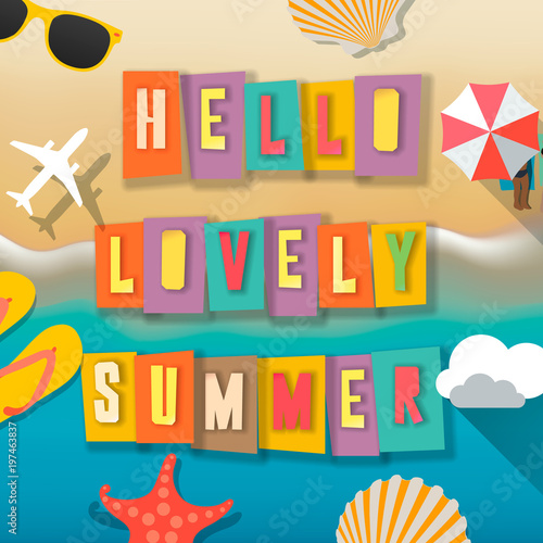 Hello summer web banner background. Sea with sand. Hello Summer Holiday party beach template backdrop, vector illustration.