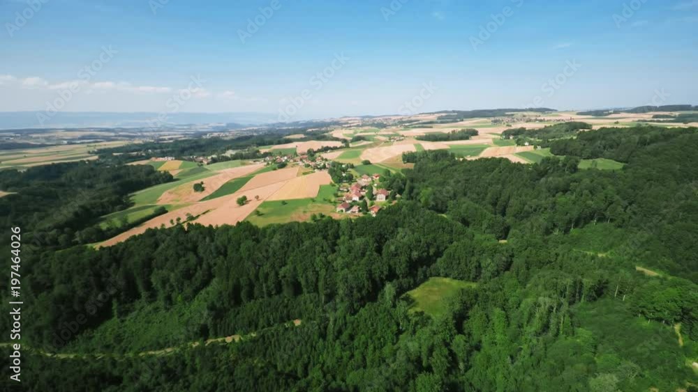 Aerial shot of a forest - with a little village in the background. European countryside drone shot Aerial shot of a forest - with a little village in the background. European countryside drone shot